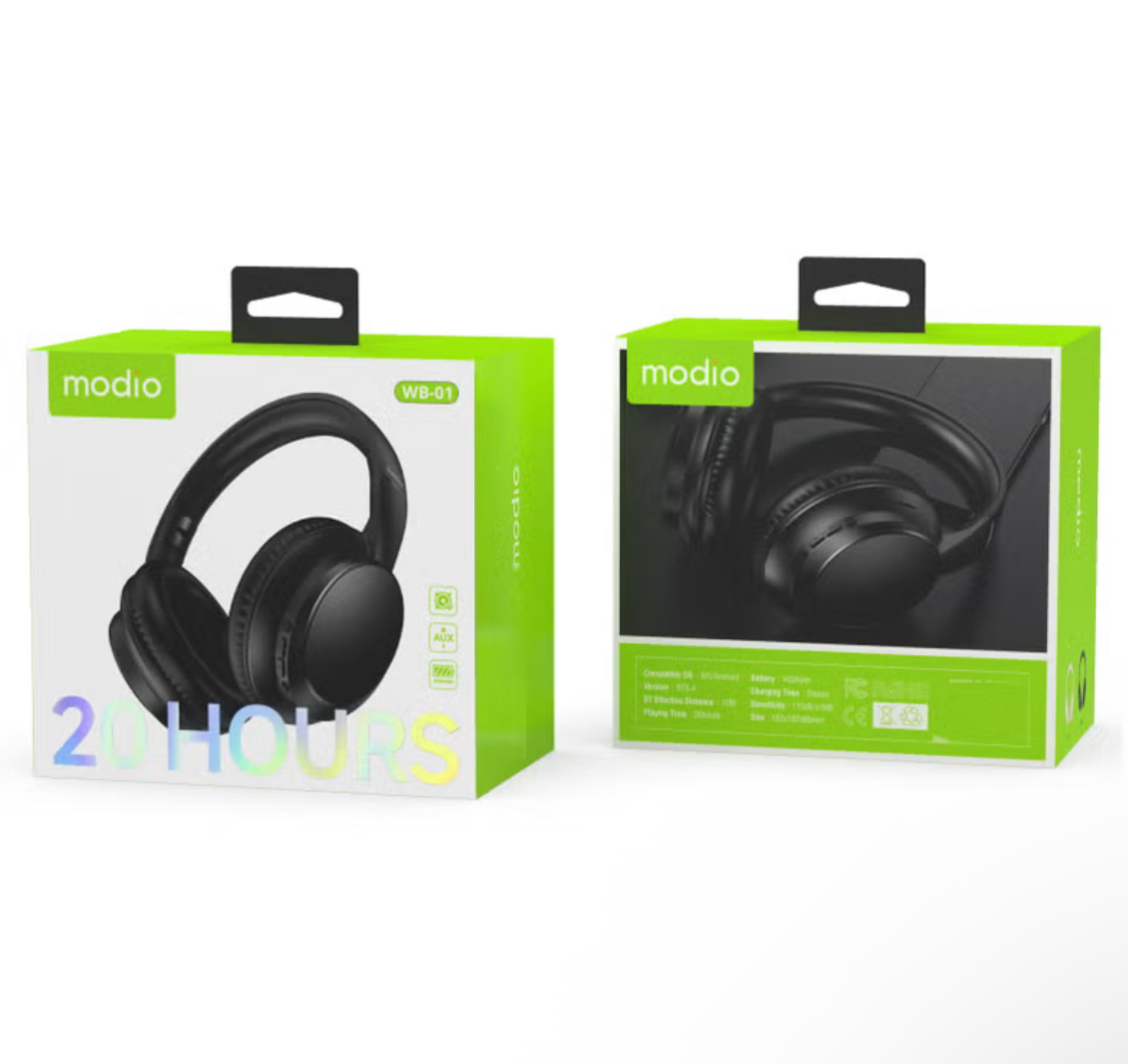 Modio WB-01 Wireless Headphones With HD Sound Quality Long Battery Life and Multi Functional Button Control Black